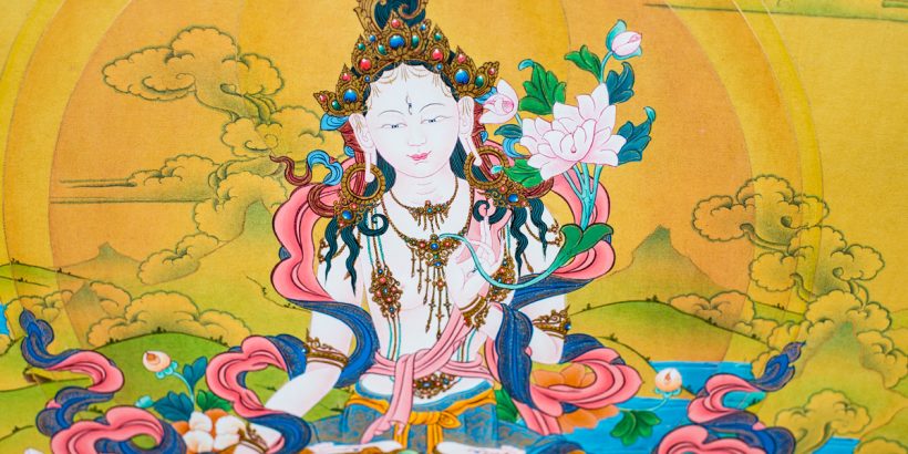 White Tara with Amitayus & Namgyalma Thangka. Karma Gadri style.