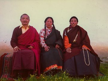Tulku Thondup visiting with Tulku Jigmed Phuntshog and Ta-re Lha-mo, a famous woman teacher and Ter-ton. Tulku Jigmed Phutshog is Tulku Thondup's cousin. July 26 1984.