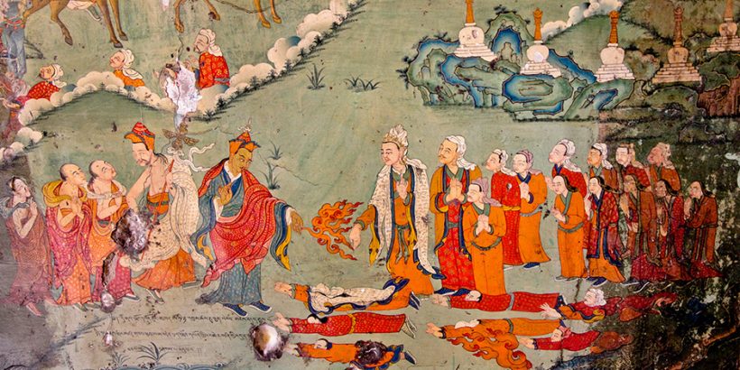 Mural in Samye Monastery showing Trisong Detsen receiving Guru Rinpoche